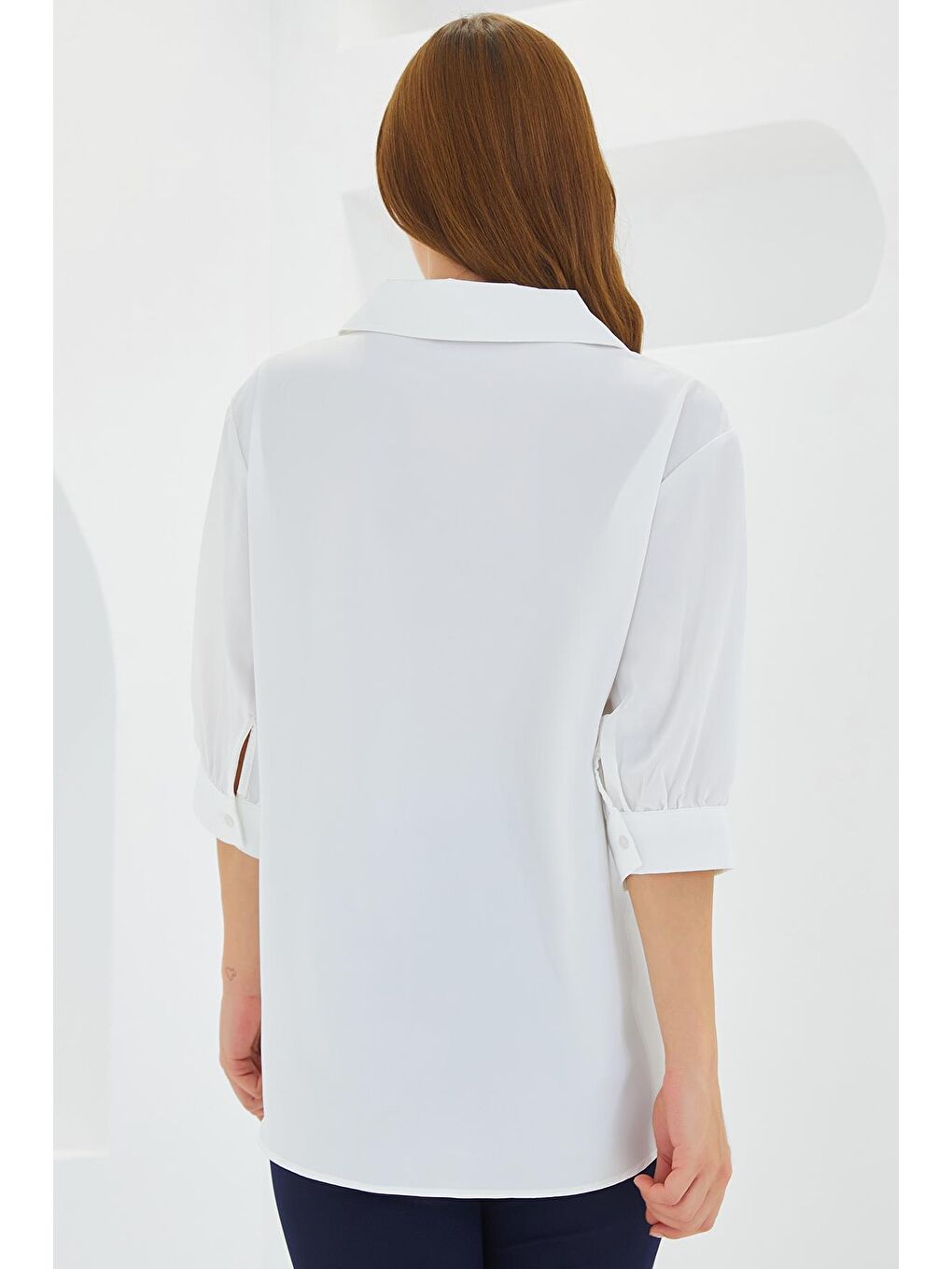 Kadın Beyaz Gömlek Yaka Saten Bluz 0493-4
