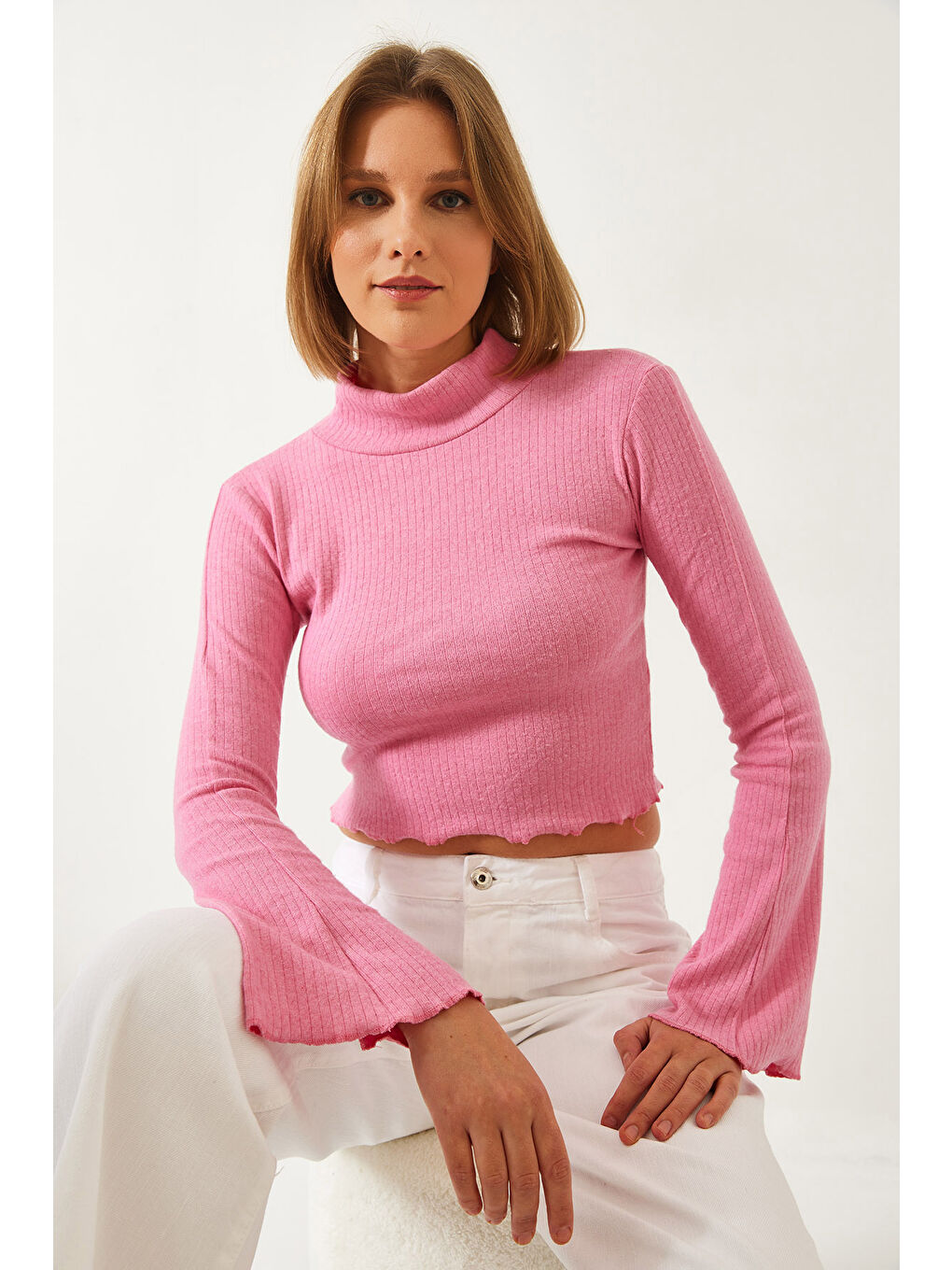 Pembe Kadın Yarım Balıkçı Yaka Bluz-1