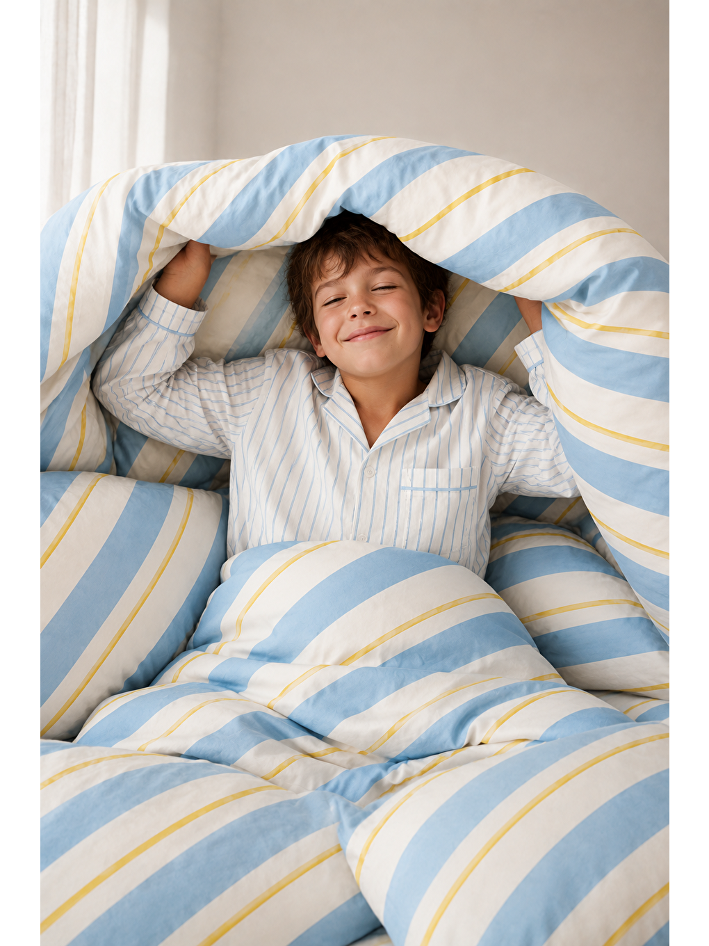 Ekru Çapraz Çizgili Modern Nevresim Seti Bebe Mavi Ve Sarı 200x220 Çift Kişilik Yorgan Kılıfı-3
