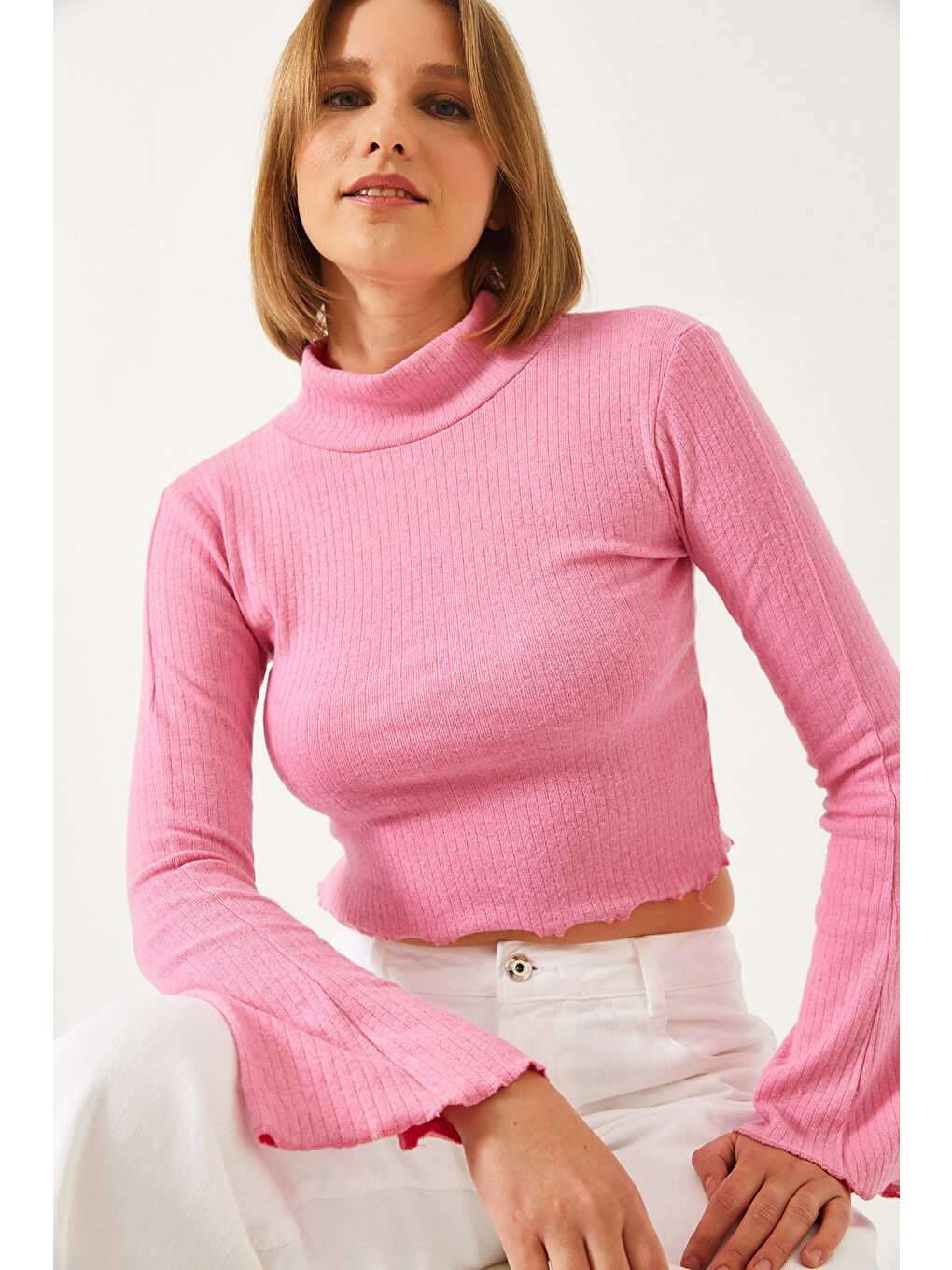 Pembe Kadın Yarım Balıkçı Yaka Bluz-2