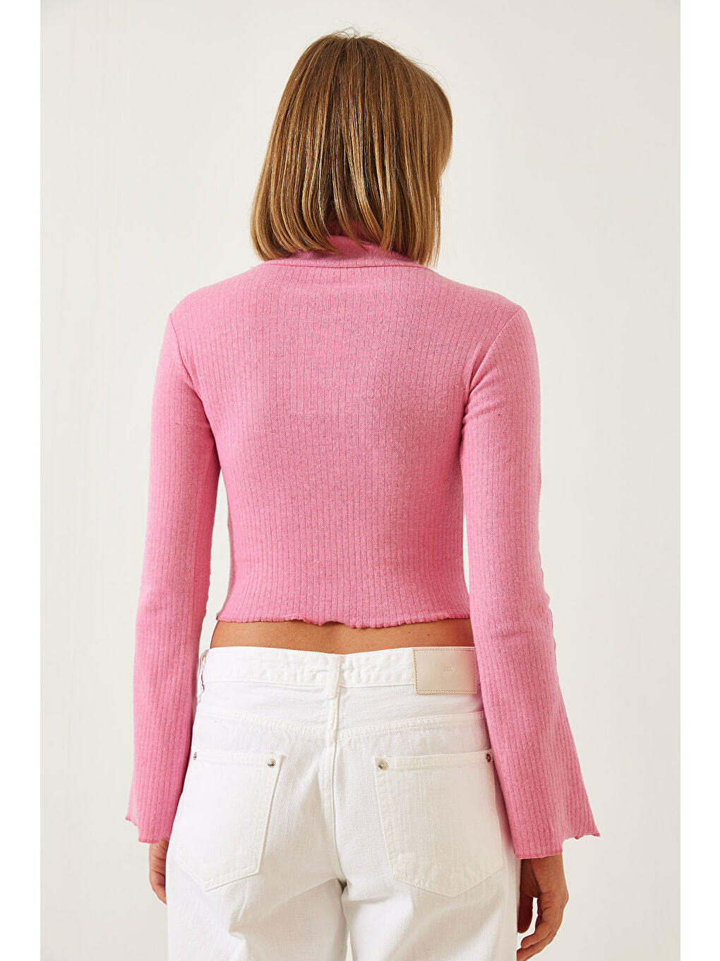 Pembe Kadın Yarım Balıkçı Yaka Bluz-5