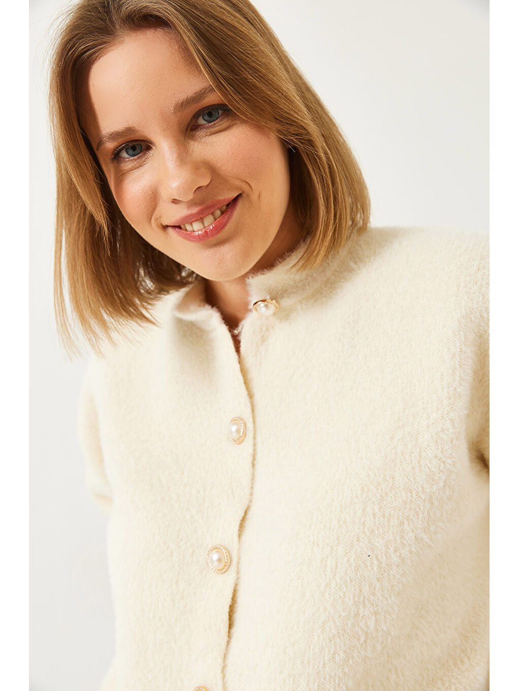 Bej Kadın Beş Düğmeli  Triko Hırka-5