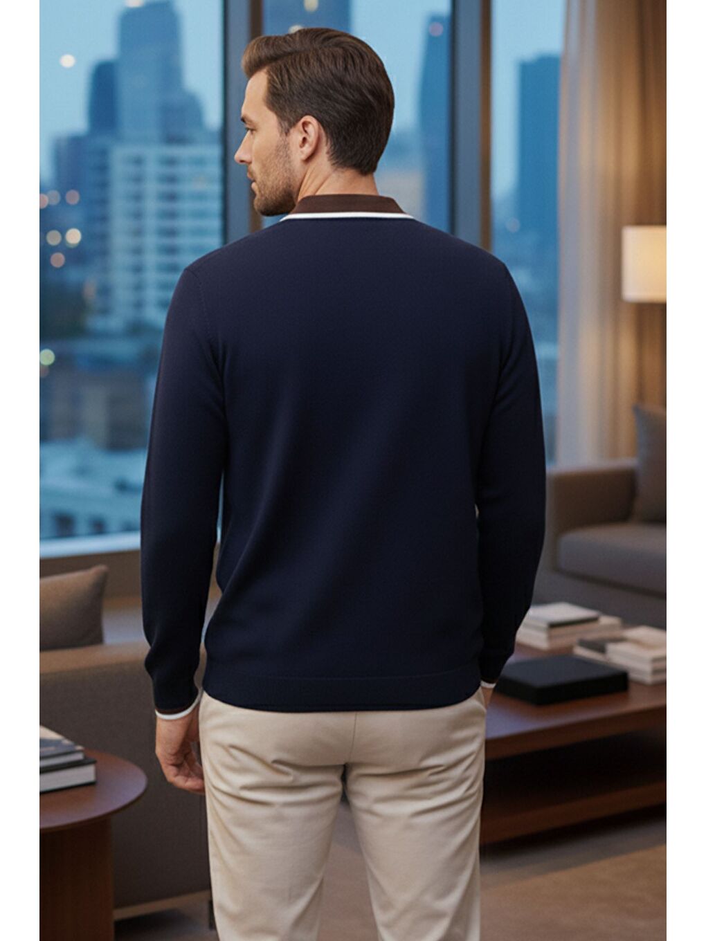 Lacivert Erkek Polo Yaka Yarım Düğmeli Renk Garnili Triko Kazak-1