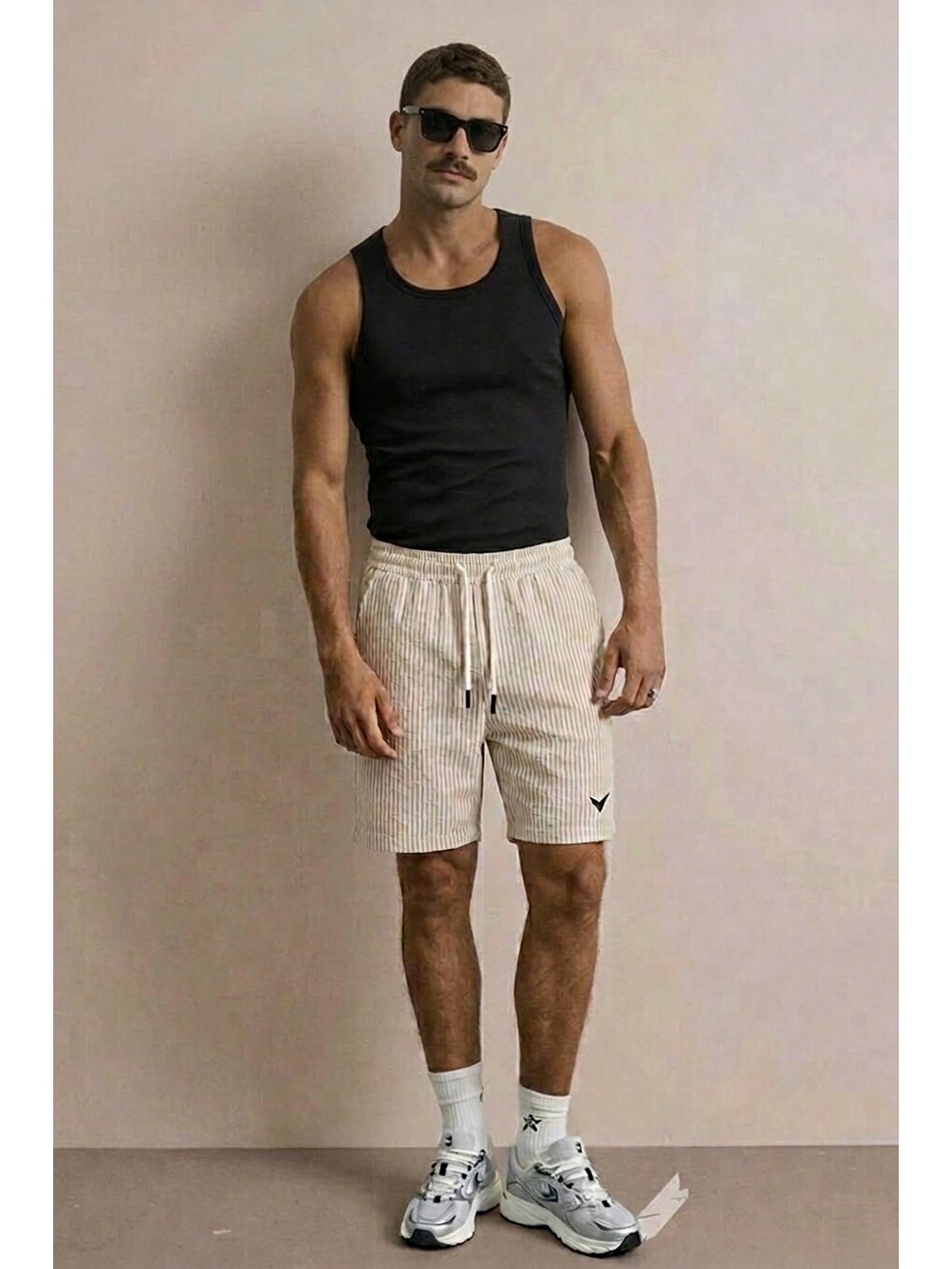 Ekru Erkek Nakışlı Premium Comfort Çizgili Krem Şort-2