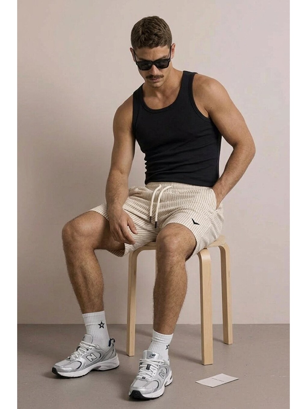 Ekru Erkek Nakışlı Premium Comfort Çizgili Krem Şort-3