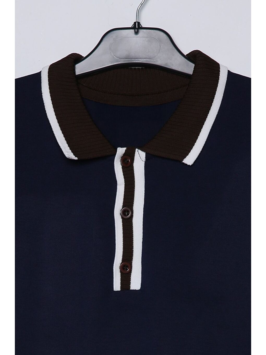 Lacivert Erkek Polo Yaka Yarım Düğmeli Renk Garnili Triko Kazak-3
