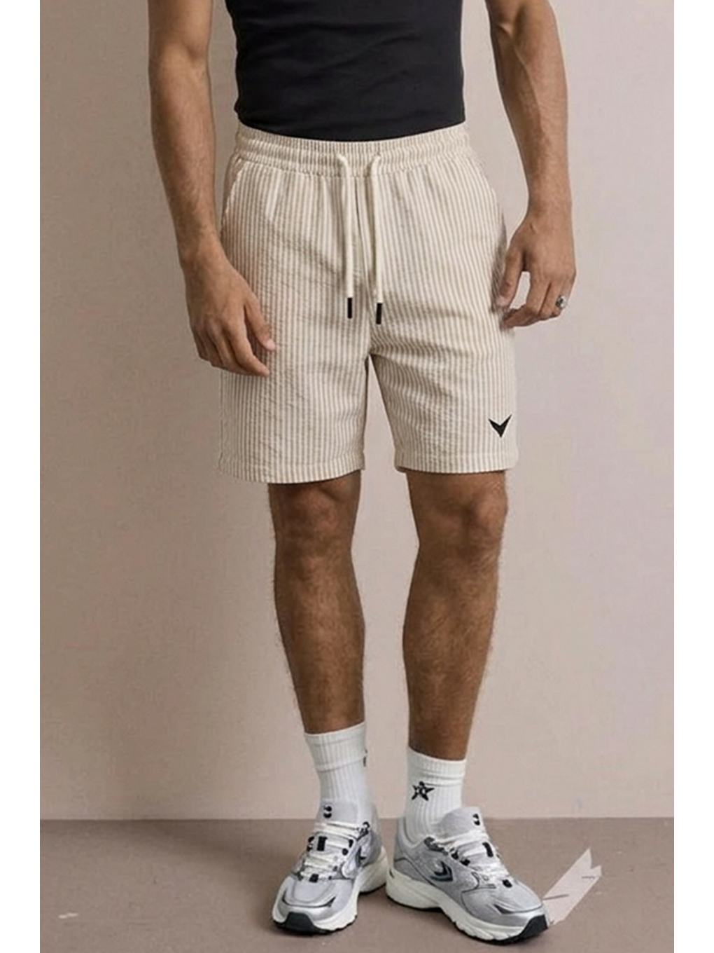 Ekru Erkek Nakışlı Premium Comfort Çizgili Krem Şort-4