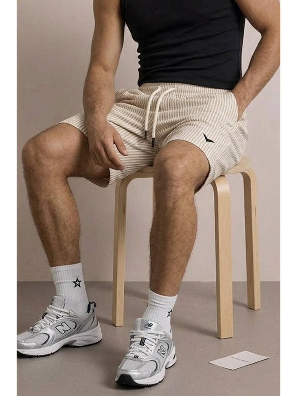 Ekru Erkek Nakışlı Premium Comfort Çizgili Krem Şort-5