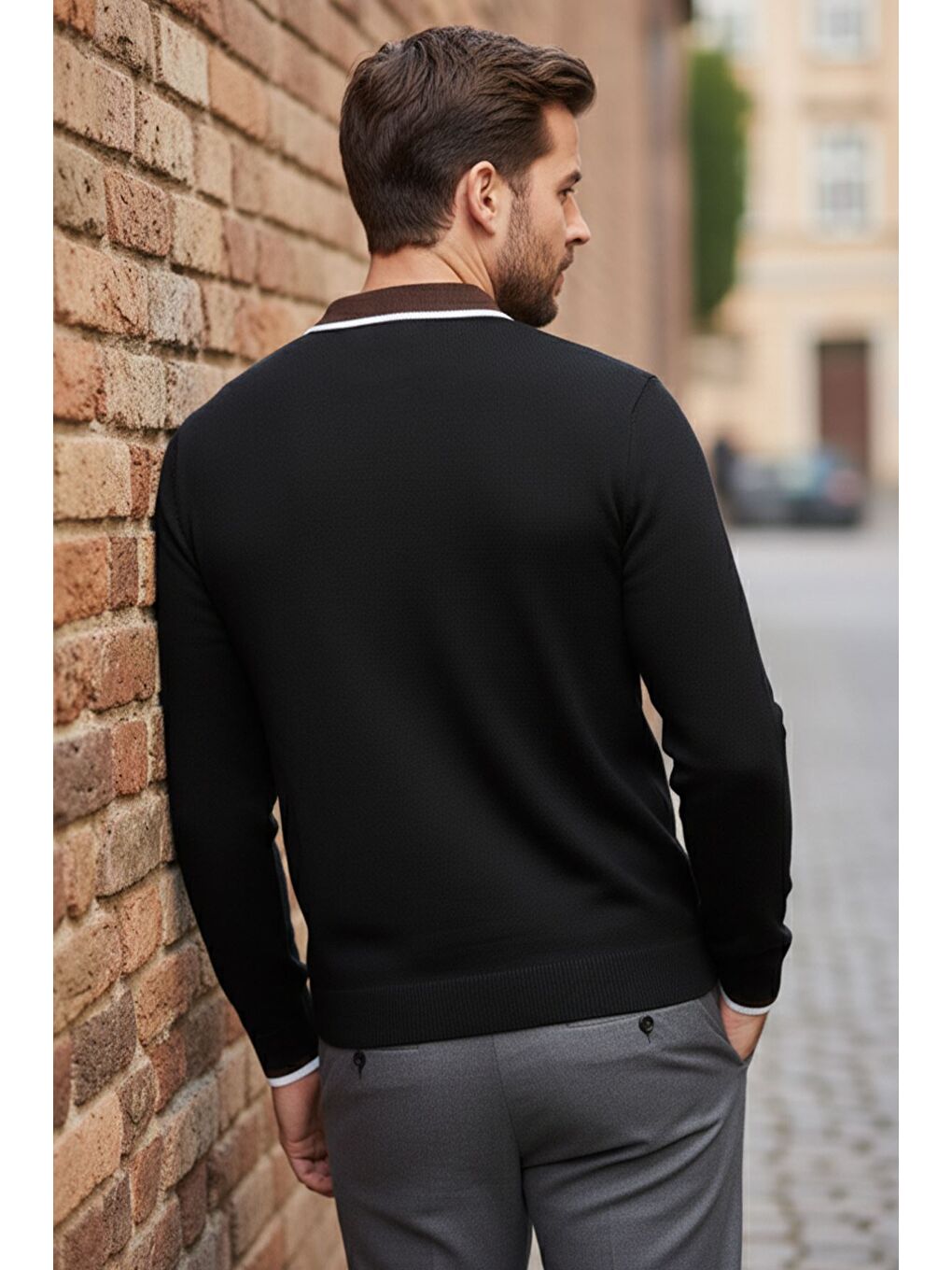 Siyah Erkek Polo Yaka Yarım Düğmeli Renk Garnili Triko Kazak-1