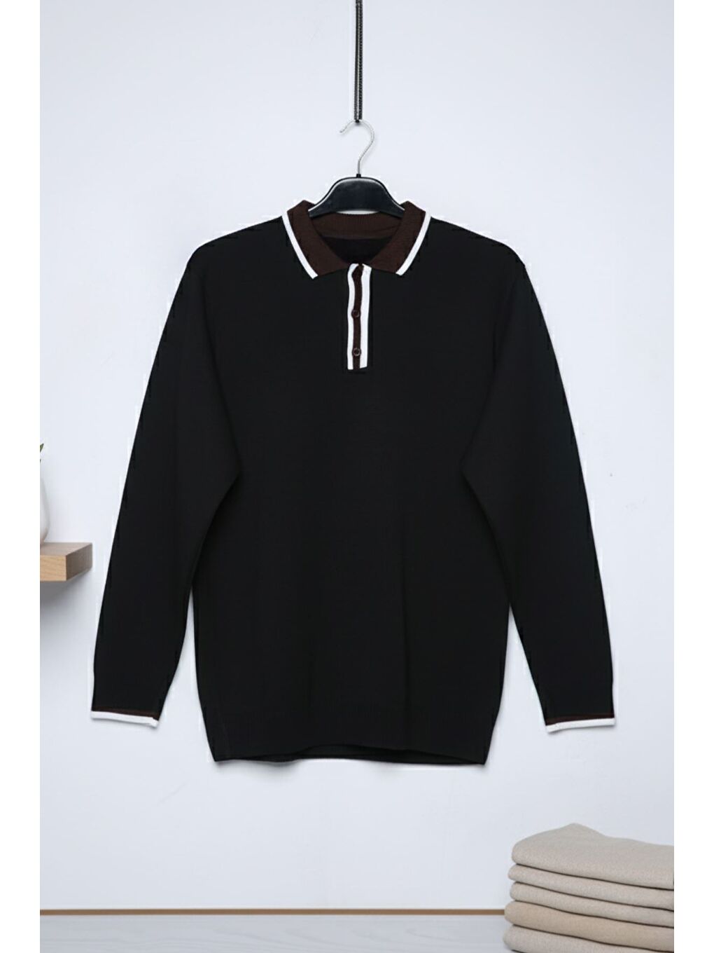 Siyah Erkek Polo Yaka Yarım Düğmeli Renk Garnili Triko Kazak-2