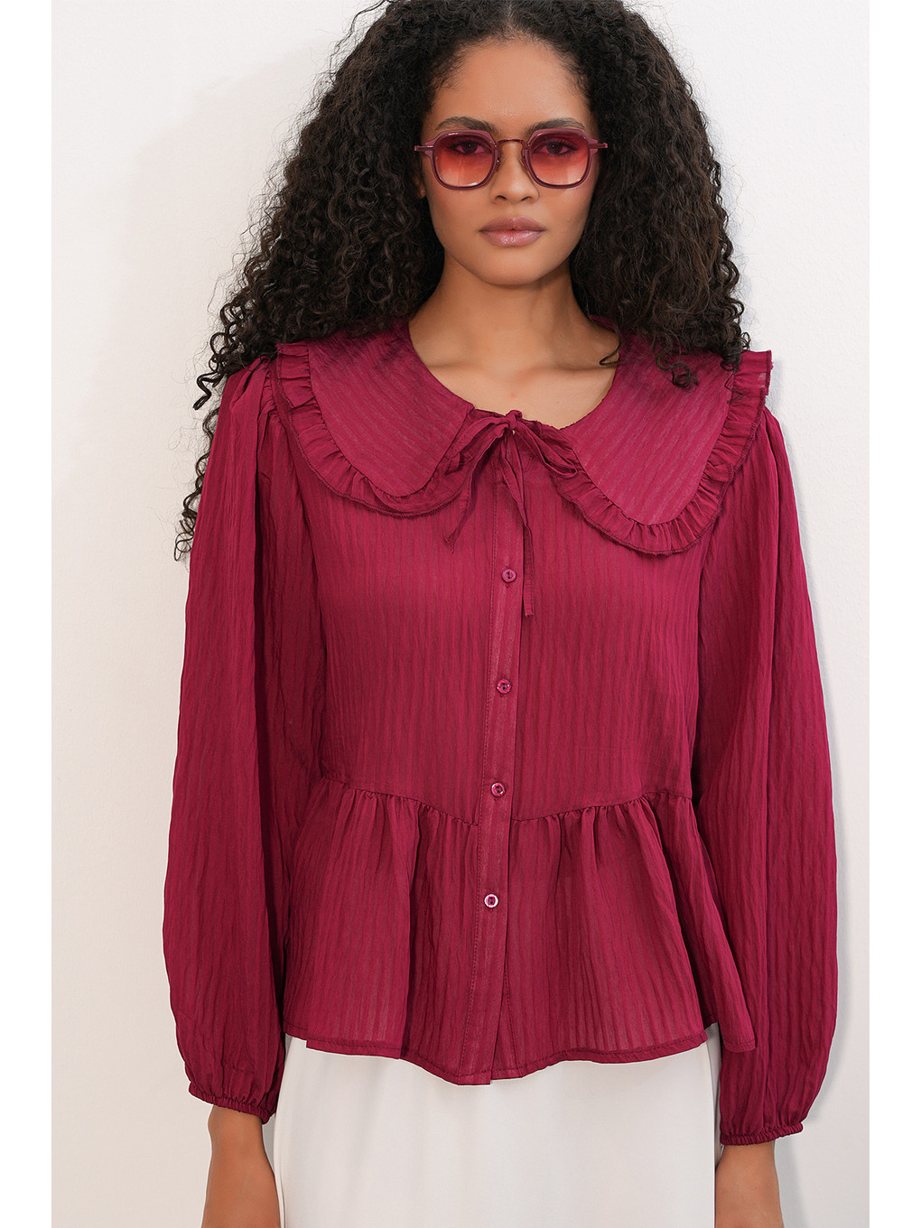Kadın Bebe Yaka Gömlek Bluz 993 - Bordo-1