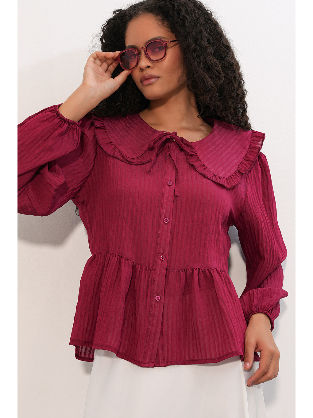 Kadın Bebe Yaka Gömlek Bluz 993 - Bordo-2