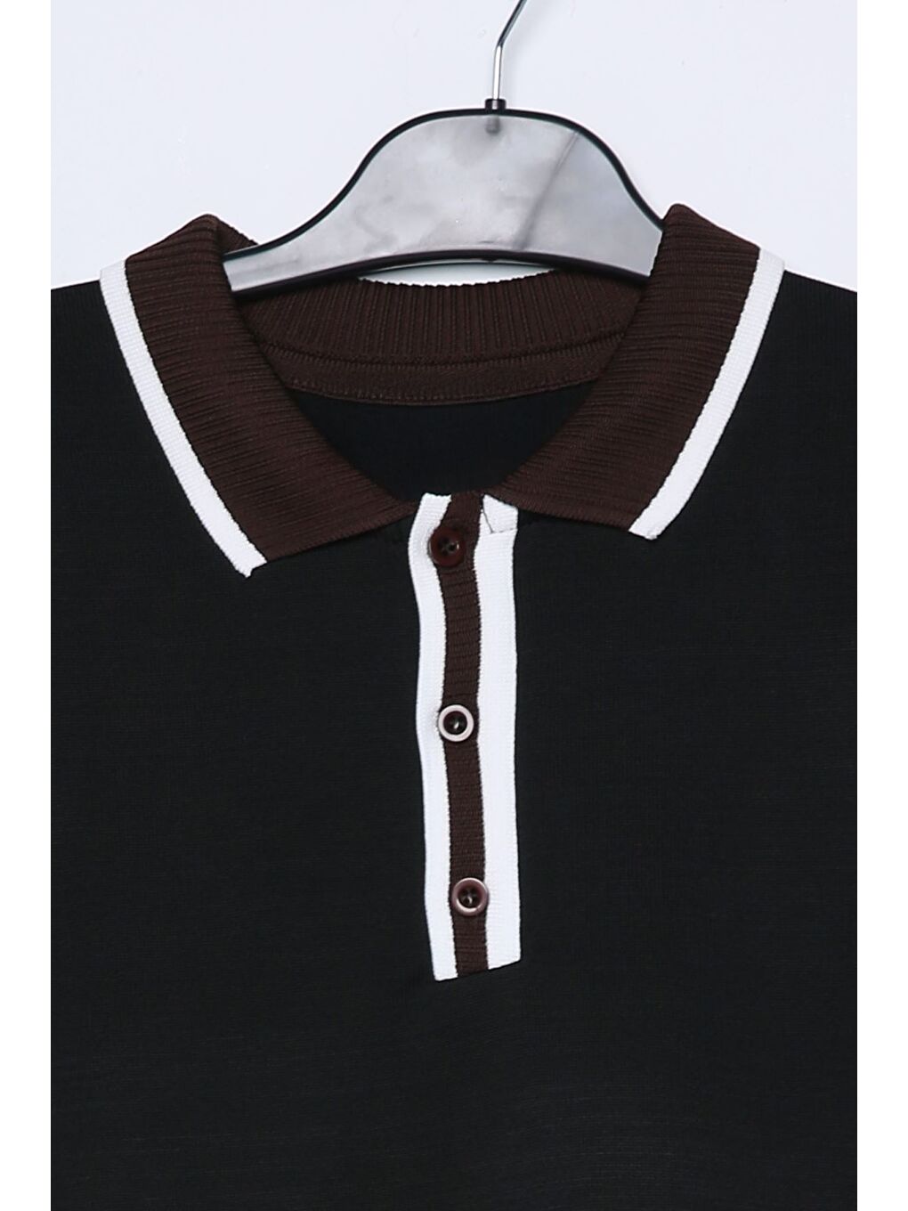 Siyah Erkek Polo Yaka Yarım Düğmeli Renk Garnili Triko Kazak-3