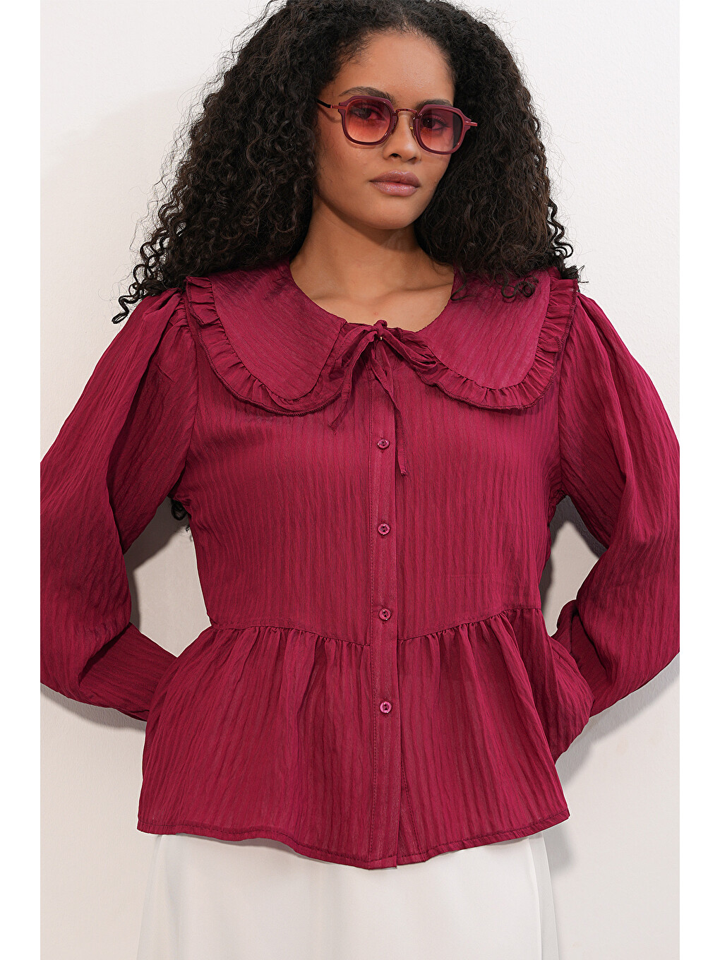 Kadın Bebe Yaka Gömlek Bluz 993 - Bordo-3