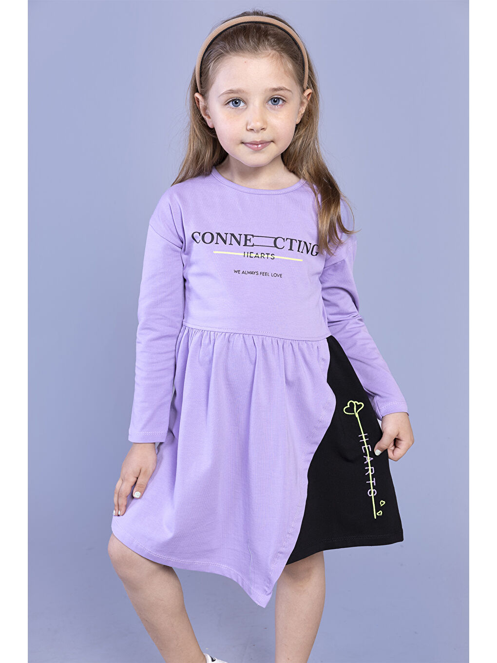 Lila Kız Çocuk Baskılı Garni Detaylı Elbise-2