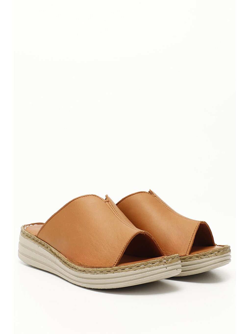 Kahverengi TABA-BEJ  Hakiki Deri Kadın Dolgu Günlük Terlik 42340-1