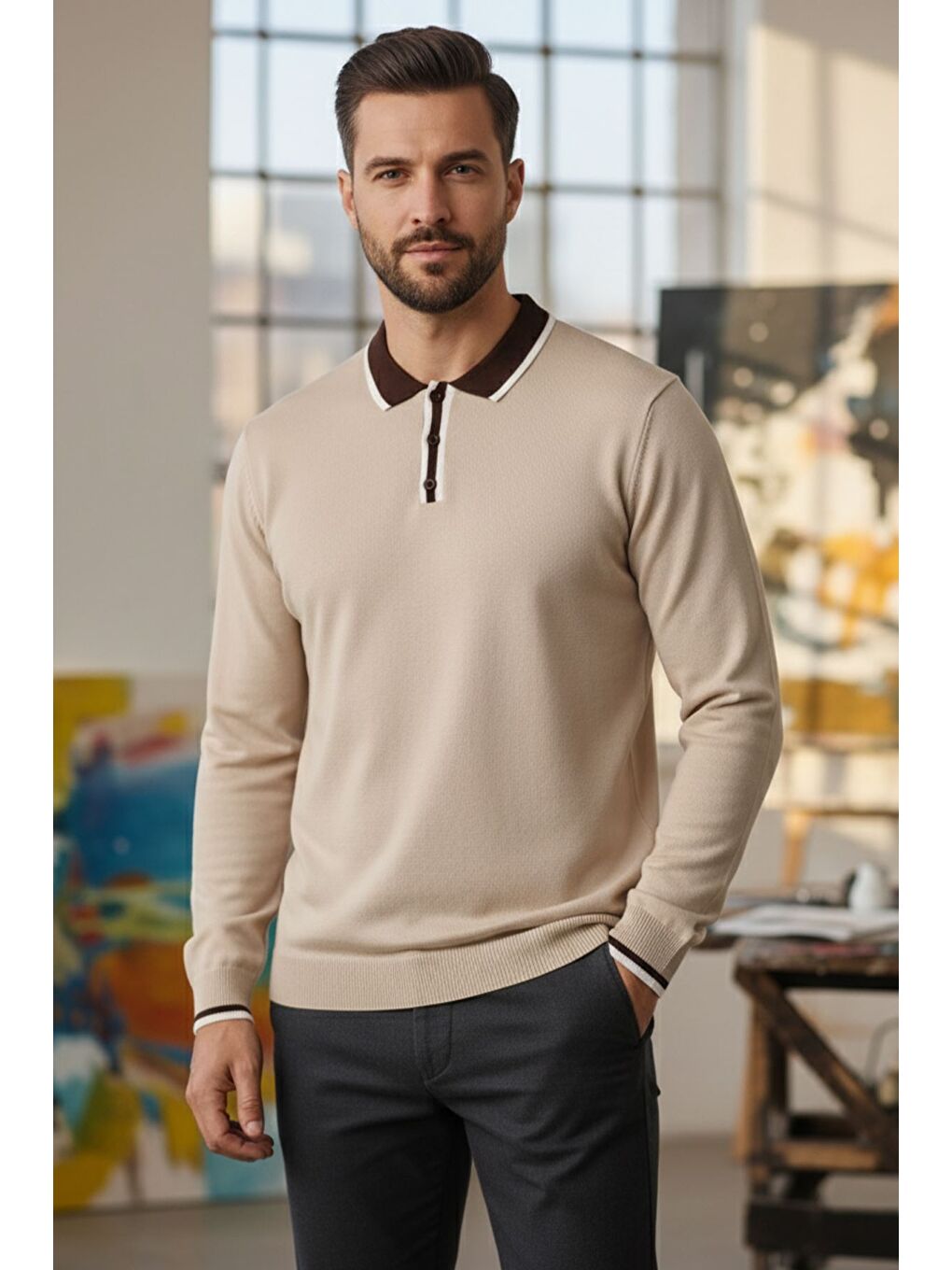 Bej Erkek Polo Yaka Yarım Düğmeli Renk Garnili Triko Kazak