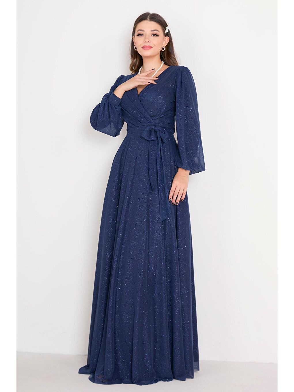 Kruvaze Yaka Kadın Lacivert Abiye Elbise - 23163