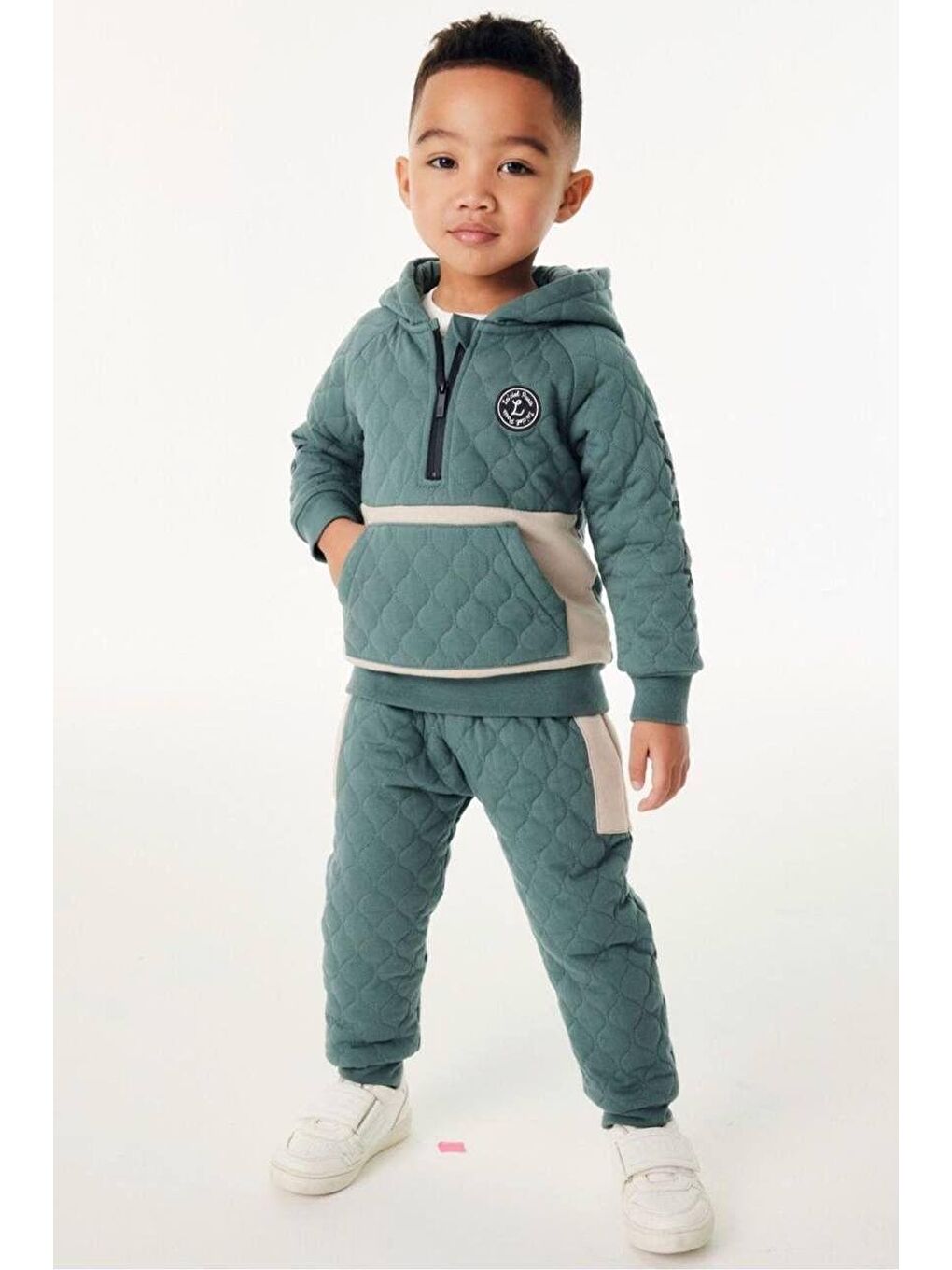 Karışık Erkek Çocuk Pamuklu Kapitone Kapüşonlu Eşofman Takımı - Yeşil Bej Renkli