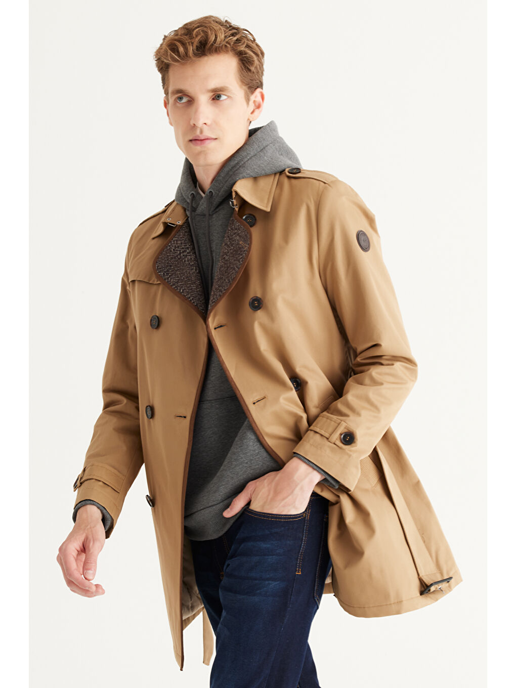 Erkek Bej Standart Fit Normal Kesim Gömlek Yaka Pamuklu Trençkot