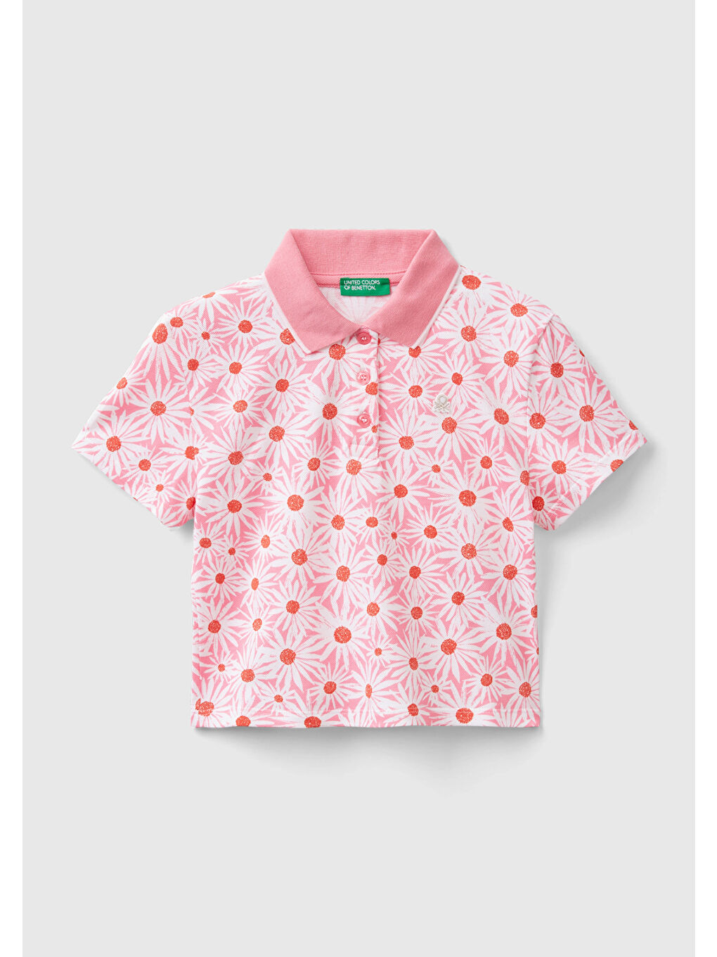 United Colors Of Benetton Pembe Kız Çocuk Pembe Tamamı Desenli Parlak Logo İşlemeli Düğmeli Polo Yaka T-Shirt