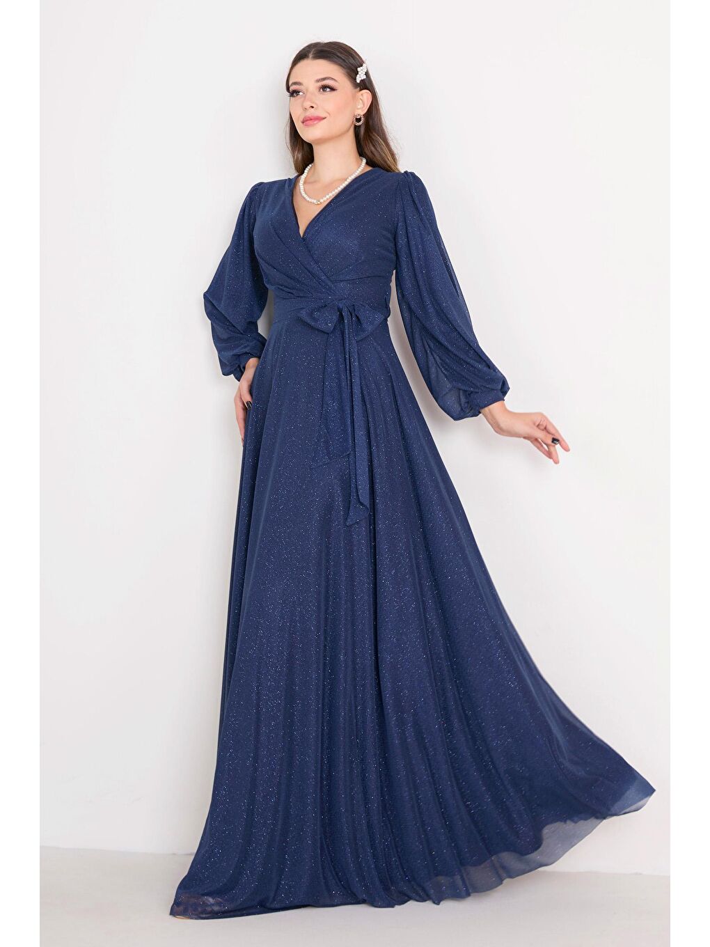 Kruvaze Yaka Kadın Lacivert Abiye Elbise - 23163-1