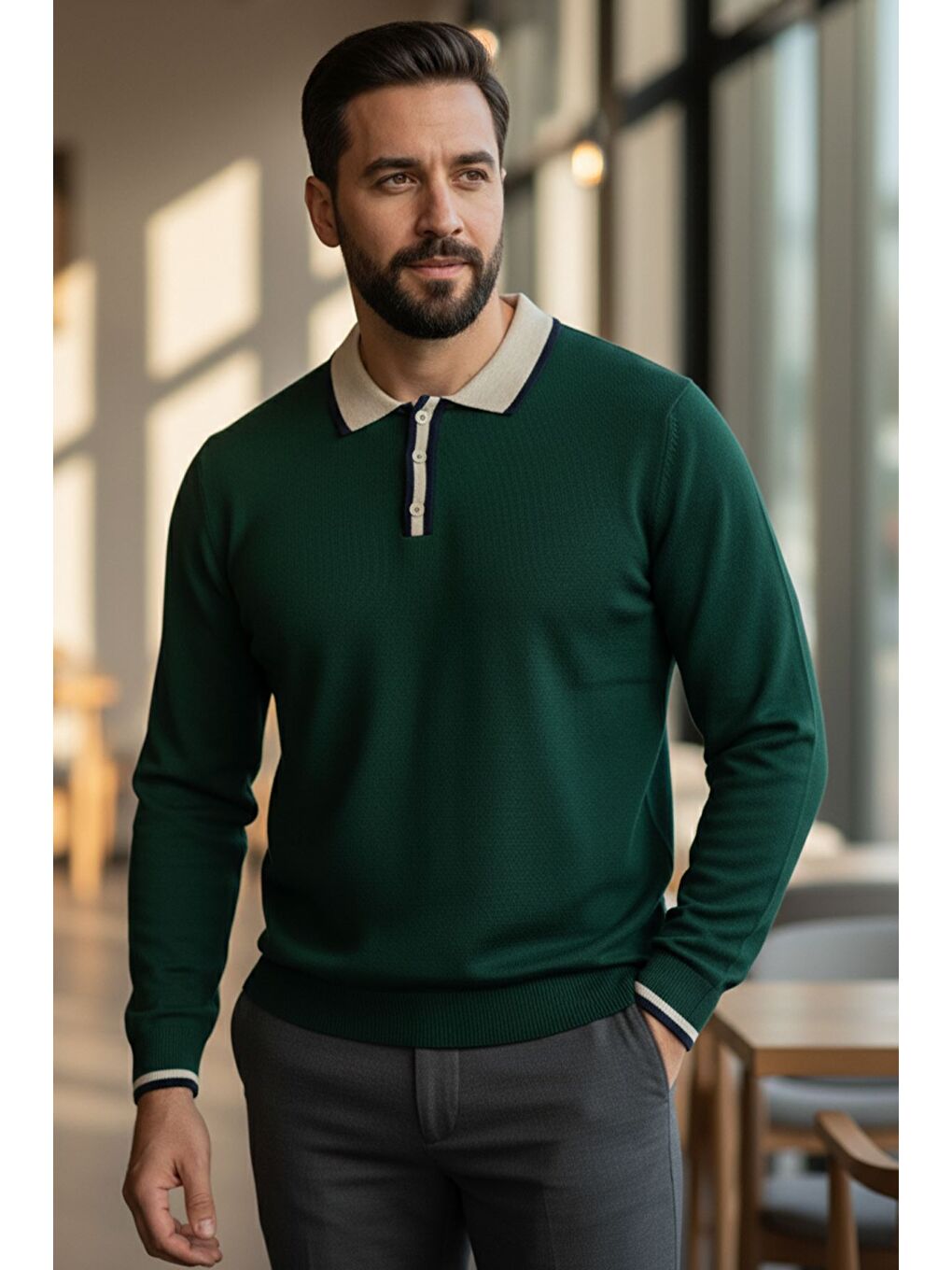 Yeşil Erkek Polo Yaka Yarım Düğmeli Renk Garnili Triko Kazak