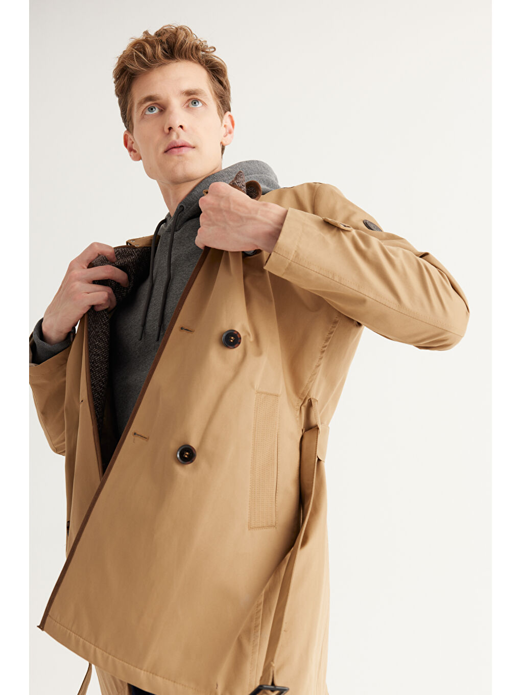 Erkek Bej Standart Fit Normal Kesim Gömlek Yaka Pamuklu Trençkot-1