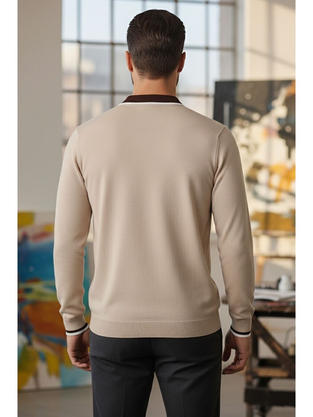 Bej Erkek Polo Yaka Yarım Düğmeli Renk Garnili Triko Kazak-1