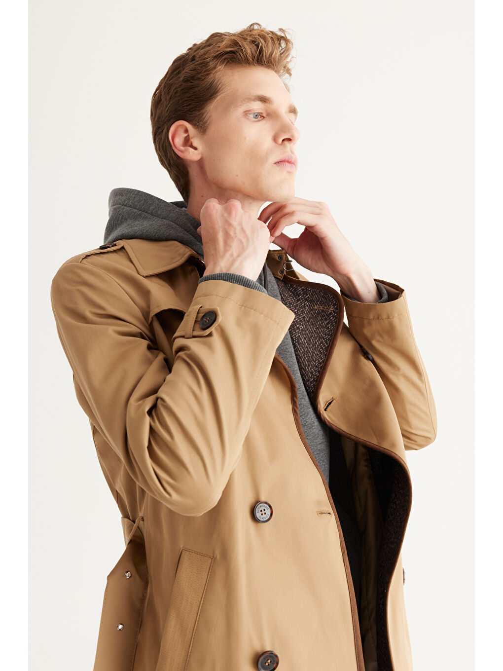 Erkek Bej Standart Fit Normal Kesim Gömlek Yaka Pamuklu Trençkot-2