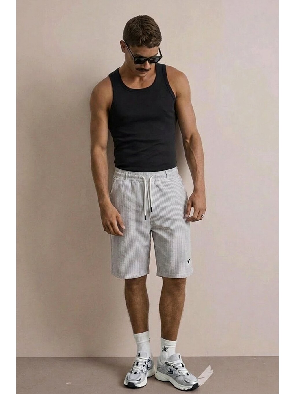 Erkek Nakışlı Premium Comfort Çizgili Gri Şort-2