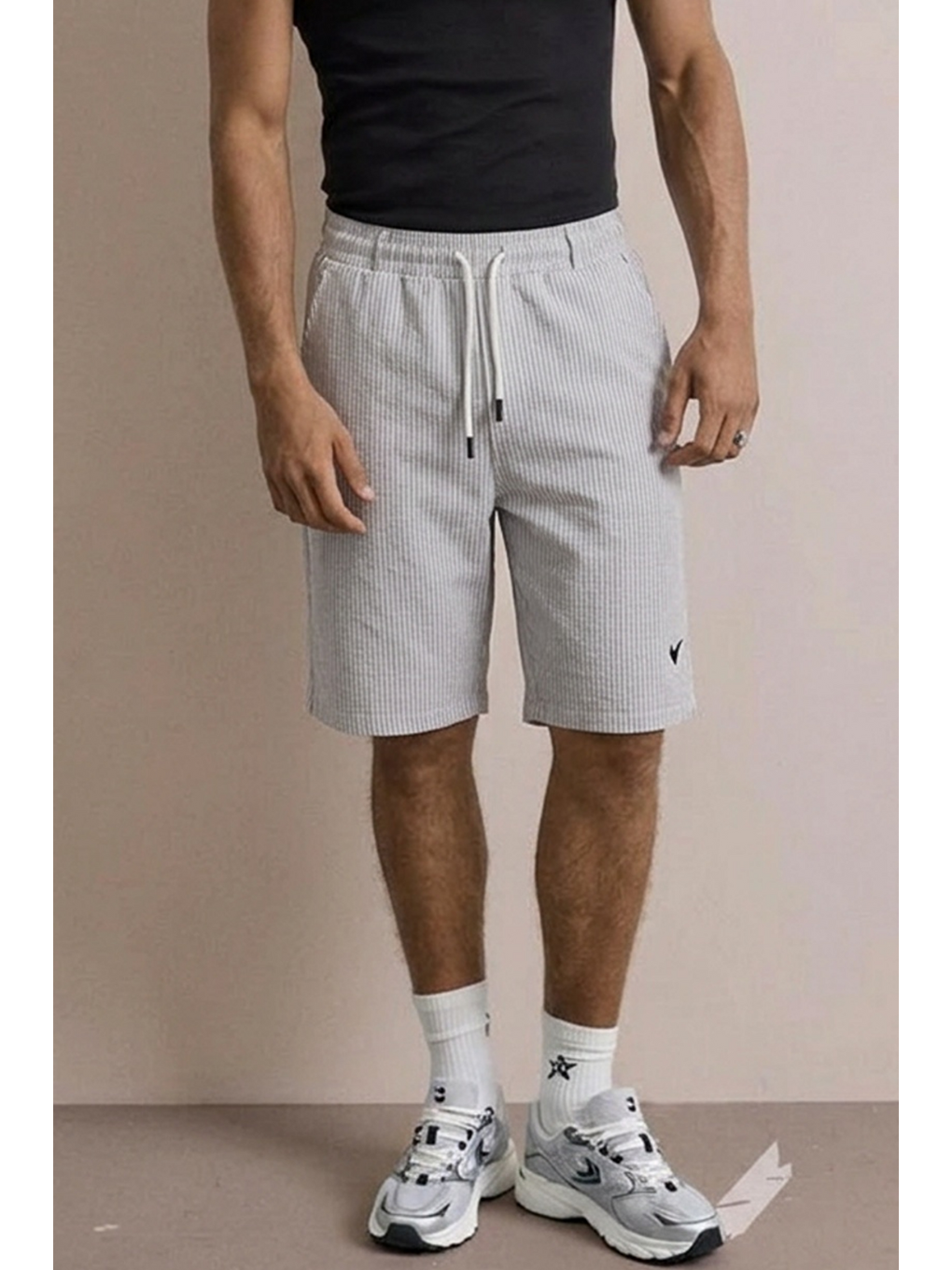 Erkek Nakışlı Premium Comfort Çizgili Gri Şort-4