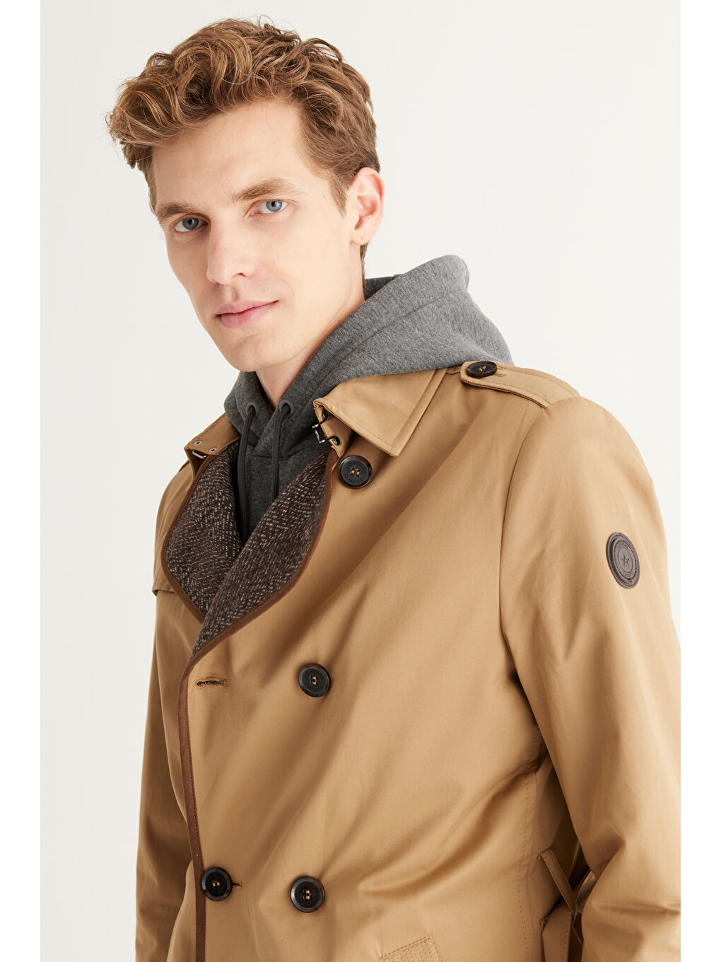Erkek Bej Standart Fit Normal Kesim Gömlek Yaka Pamuklu Trençkot-3