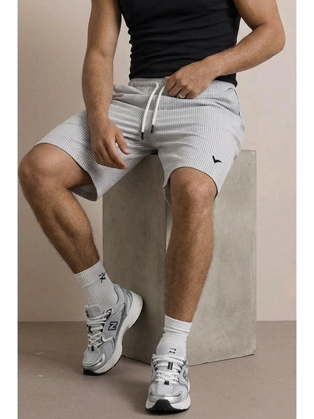 Erkek Nakışlı Premium Comfort Çizgili Gri Şort-5