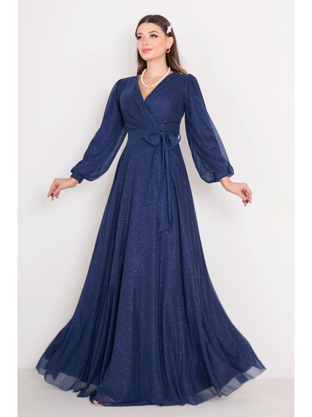 Kruvaze Yaka Kadın Lacivert Abiye Elbise - 23163-2