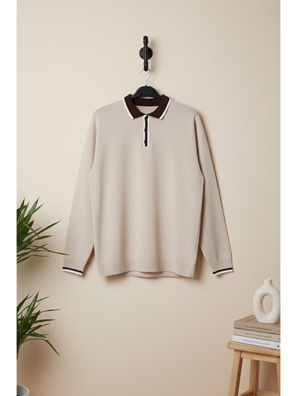 Bej Erkek Polo Yaka Yarım Düğmeli Renk Garnili Triko Kazak-2