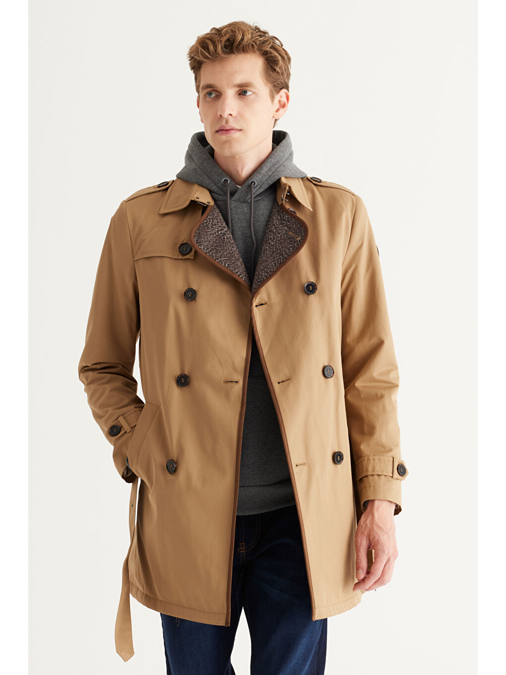 Erkek Bej Standart Fit Normal Kesim Gömlek Yaka Pamuklu Trençkot-4