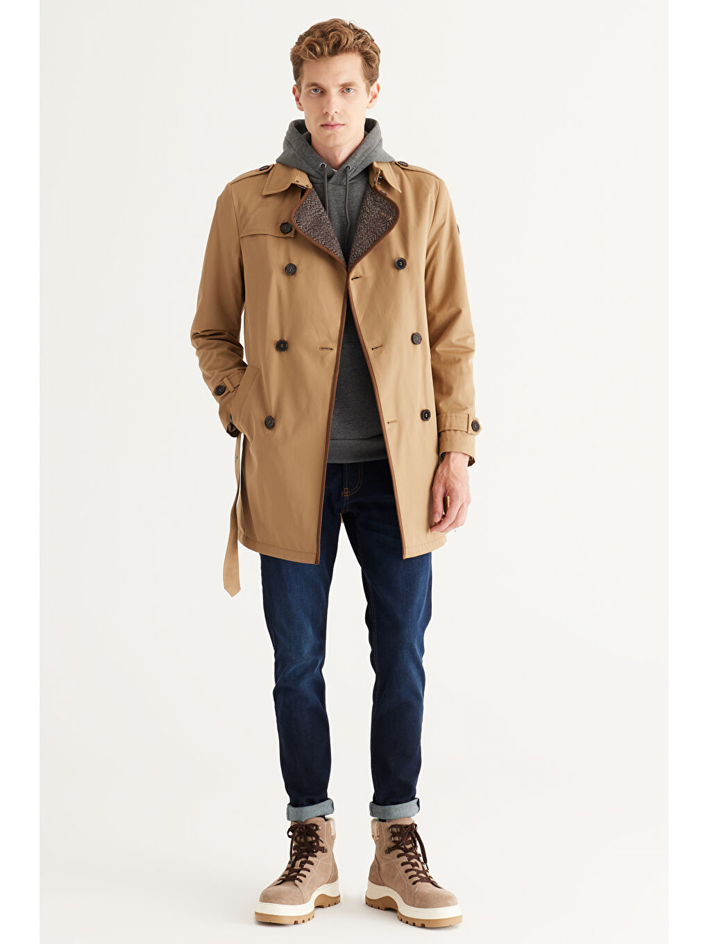 Erkek Bej Standart Fit Normal Kesim Gömlek Yaka Pamuklu Trençkot-5