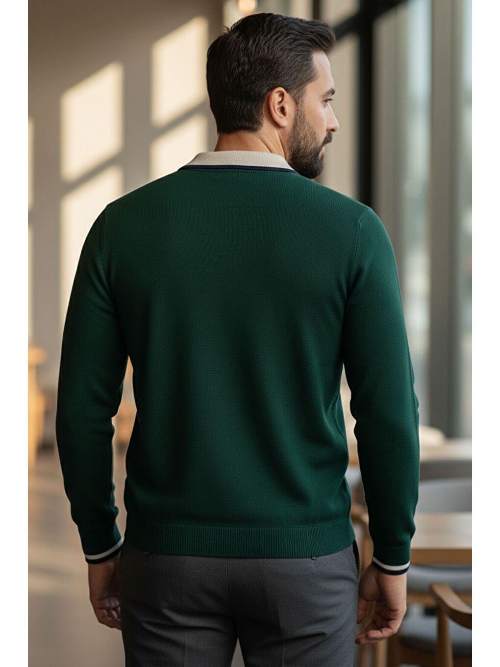 Yeşil Erkek Polo Yaka Yarım Düğmeli Renk Garnili Triko Kazak-1