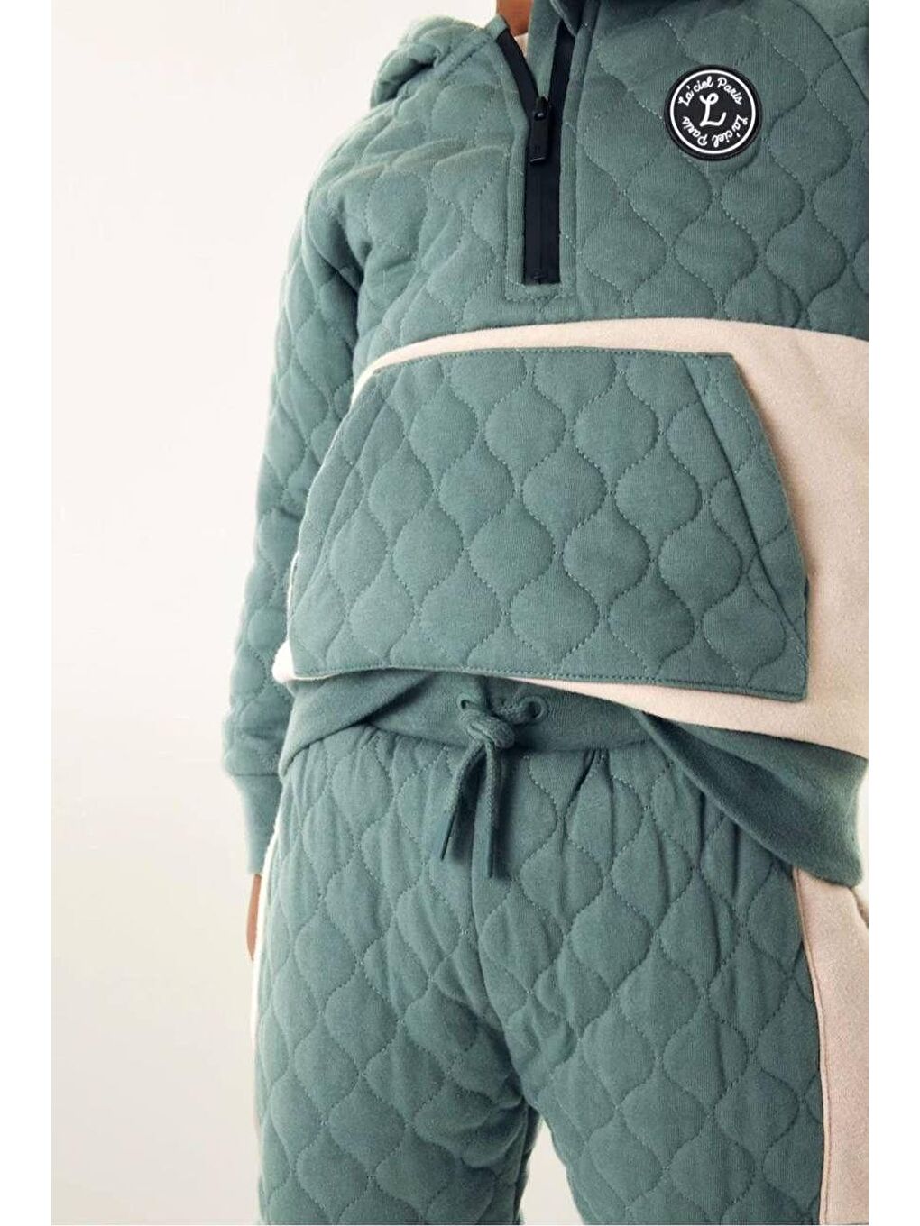 Karışık Erkek Çocuk Pamuklu Kapitone Kapüşonlu Eşofman Takımı - Yeşil Bej Renkli-1