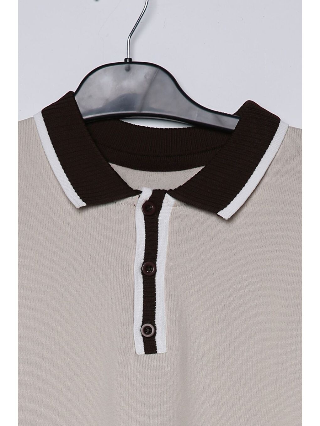 Bej Erkek Polo Yaka Yarım Düğmeli Renk Garnili Triko Kazak-3
