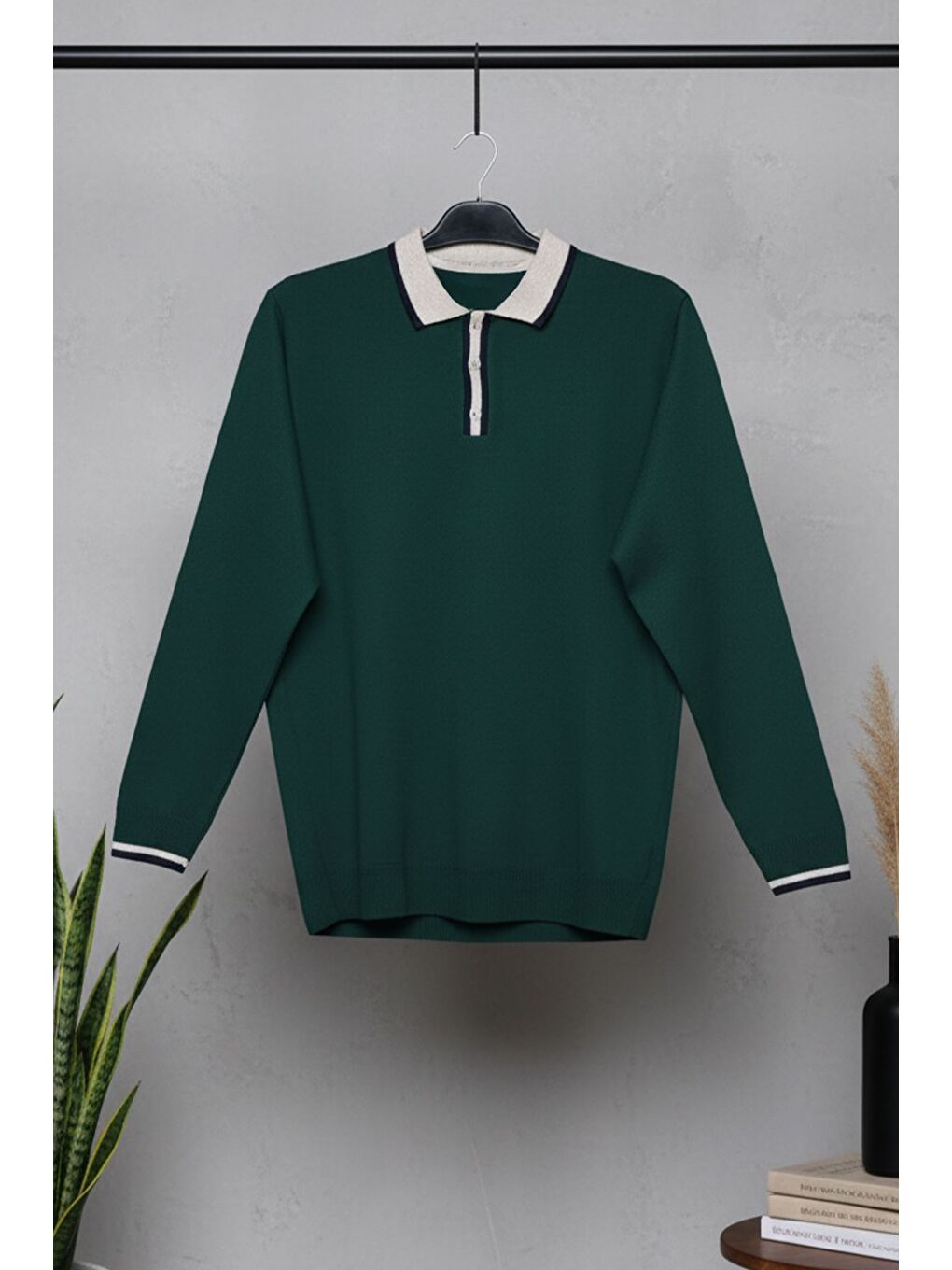 Yeşil Erkek Polo Yaka Yarım Düğmeli Renk Garnili Triko Kazak-2