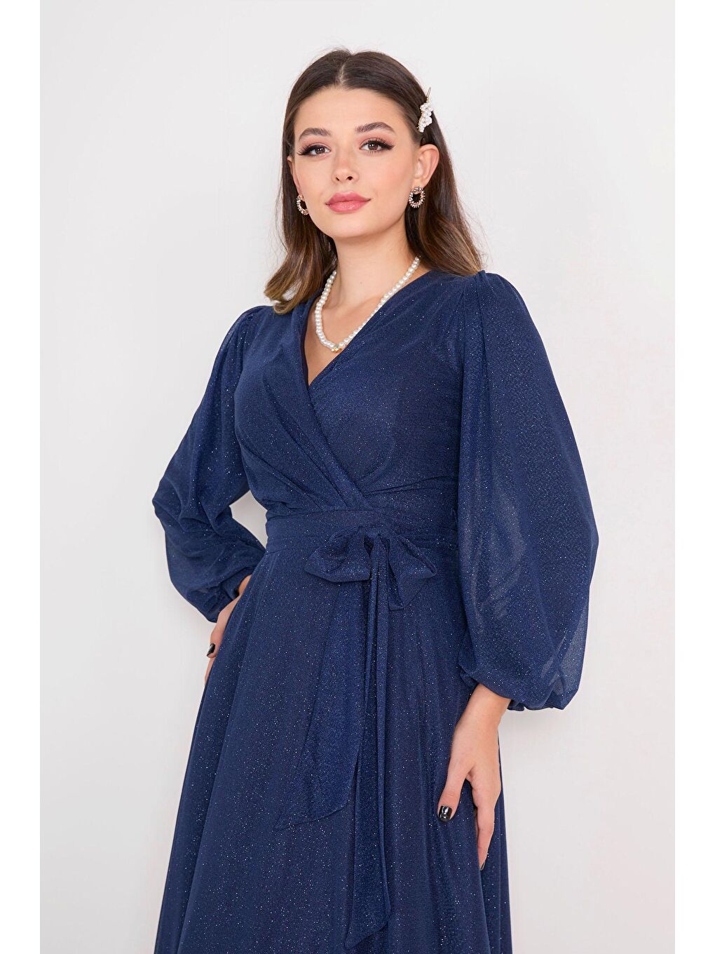 Kruvaze Yaka Kadın Lacivert Abiye Elbise - 23163-3