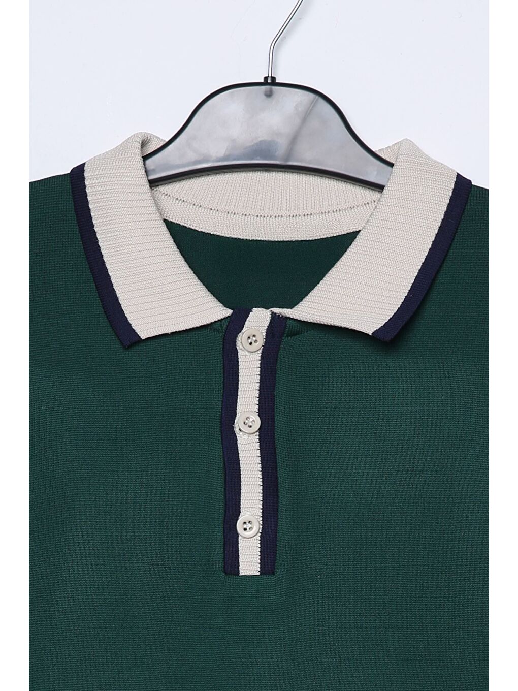 Yeşil Erkek Polo Yaka Yarım Düğmeli Renk Garnili Triko Kazak-3