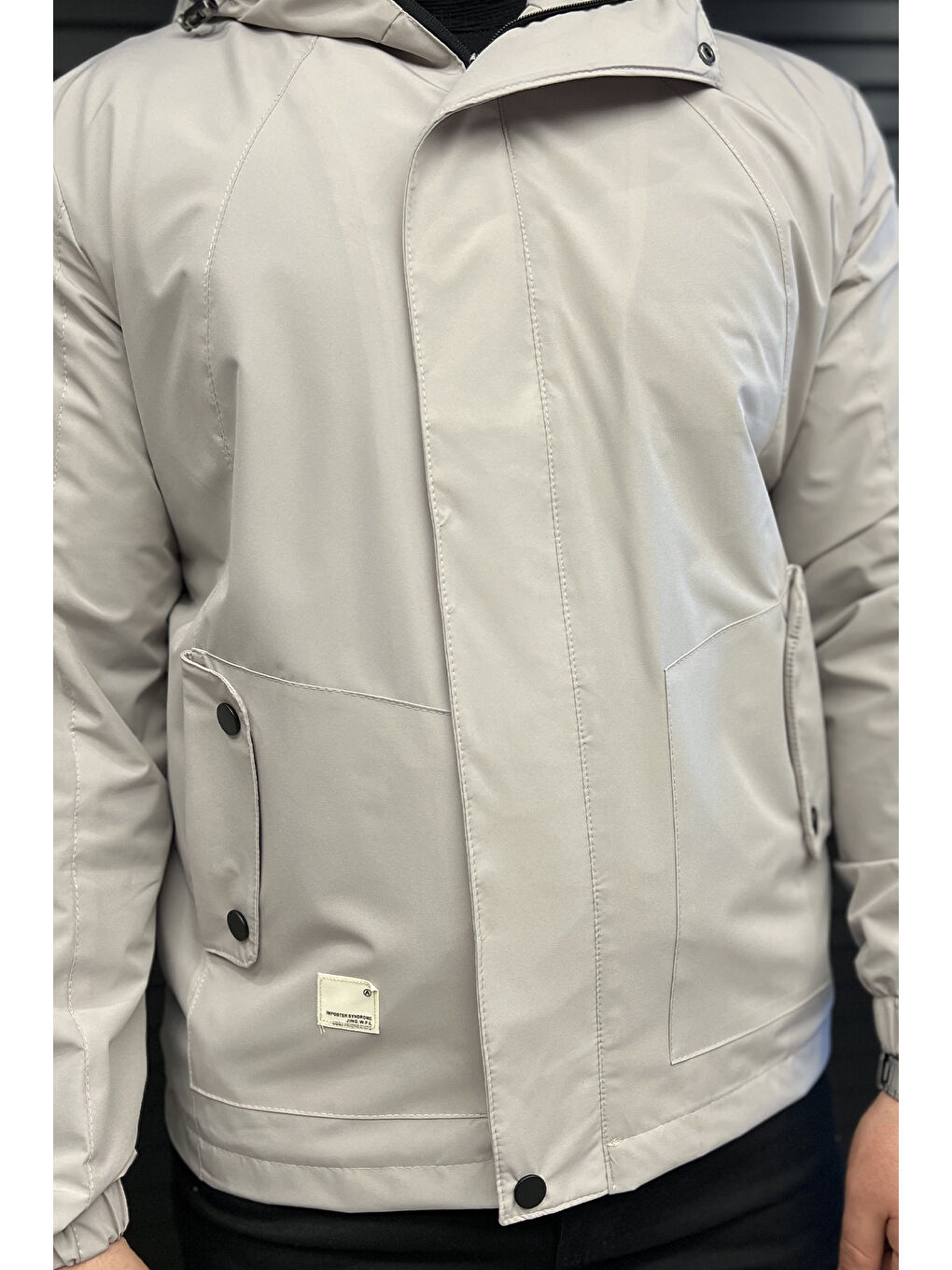 Bej Erkek Fermuarlı ve Çıtçıtlı Kapüşonlu Mevsimlik Mont-3