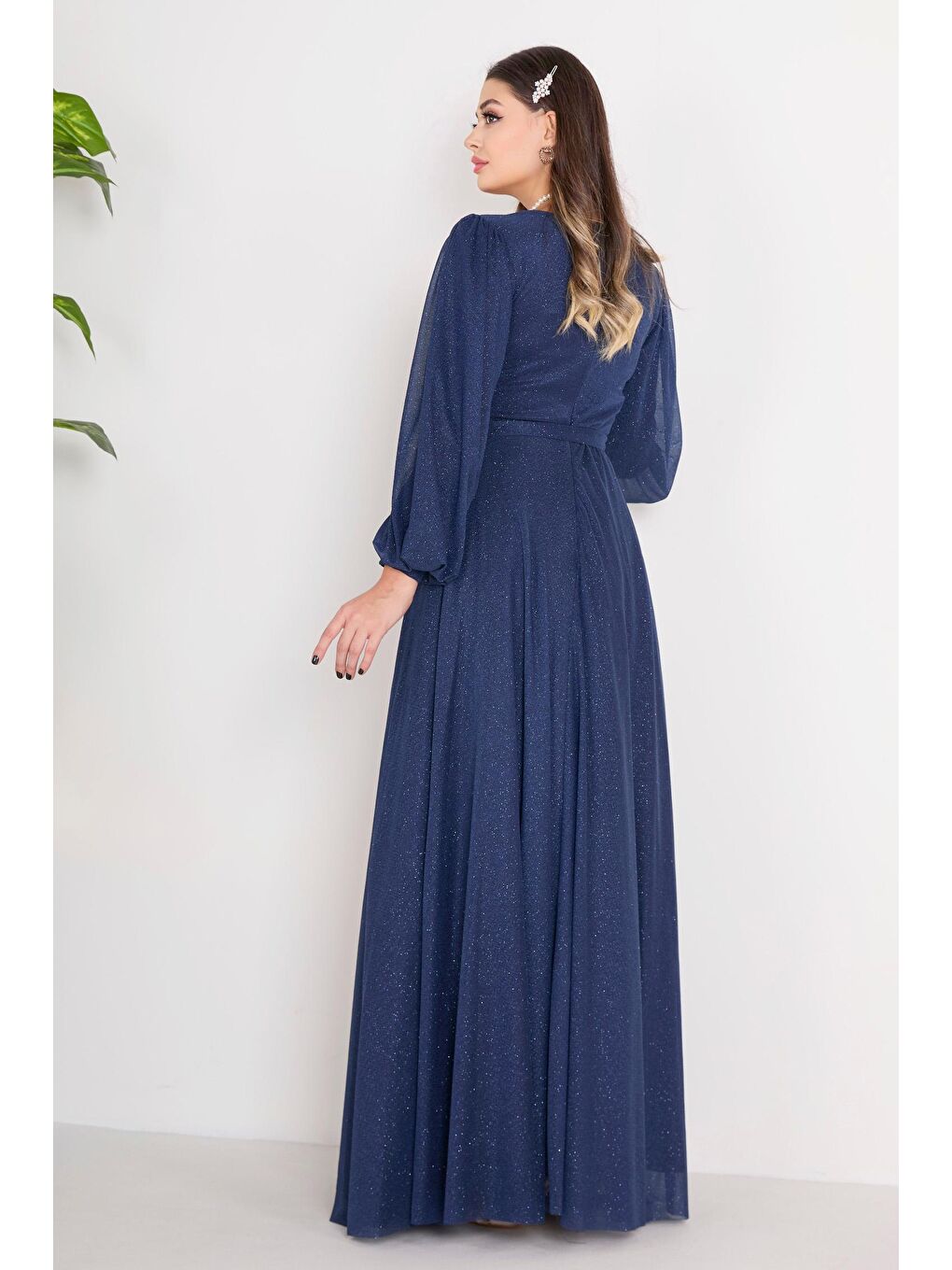 Kruvaze Yaka Kadın Lacivert Abiye Elbise - 23163-4