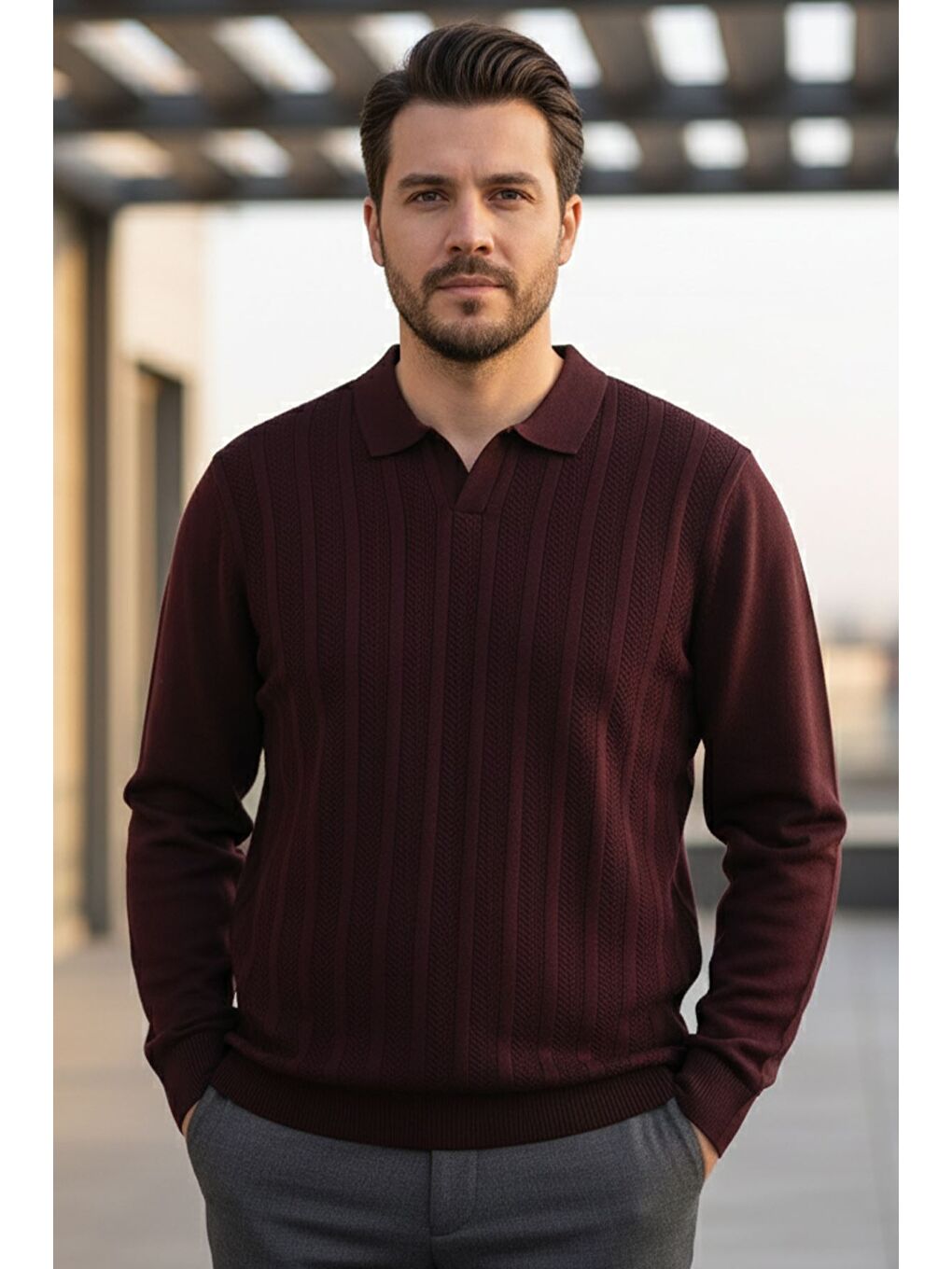 Mürdüm Erkek Kendinden Desenli Polo Yaka Triko Kazak