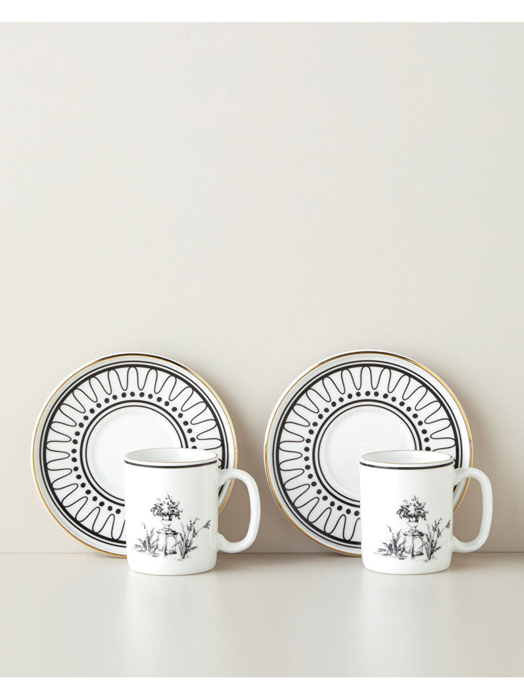 White Chic Bone Porselen 4 Parça 2 Kişilik Kahve Fincan Takımı 90 ml Siyah-Beyaz-Gold-1