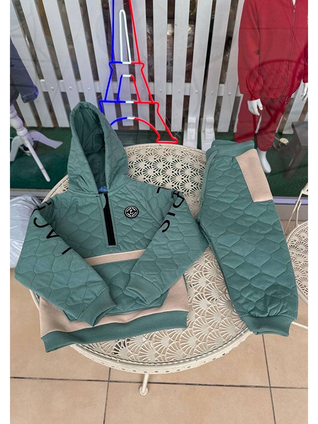 Karışık Erkek Çocuk Pamuklu Kapitone Kapüşonlu Eşofman Takımı - Yeşil Bej Renkli-6