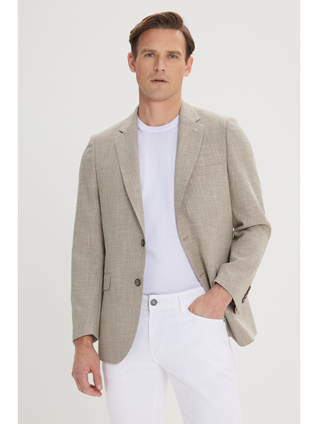 Erkek Koyu Bej Regular Fit Rahat Kesim Mono Yaka Armürlü Blazer Ceket-2